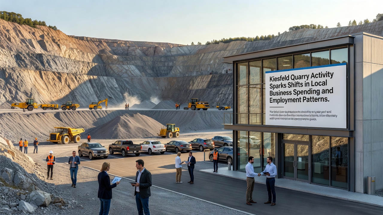 Workers at Kiesfeld quarry site coordinating daily operations with heavy machinery in the background