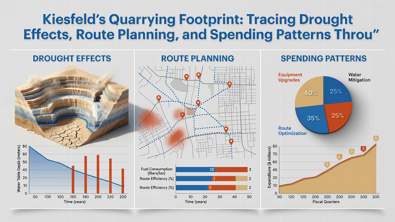 Business ledger pages and maps detailing Kiesfeld quarry routes and expense tracking